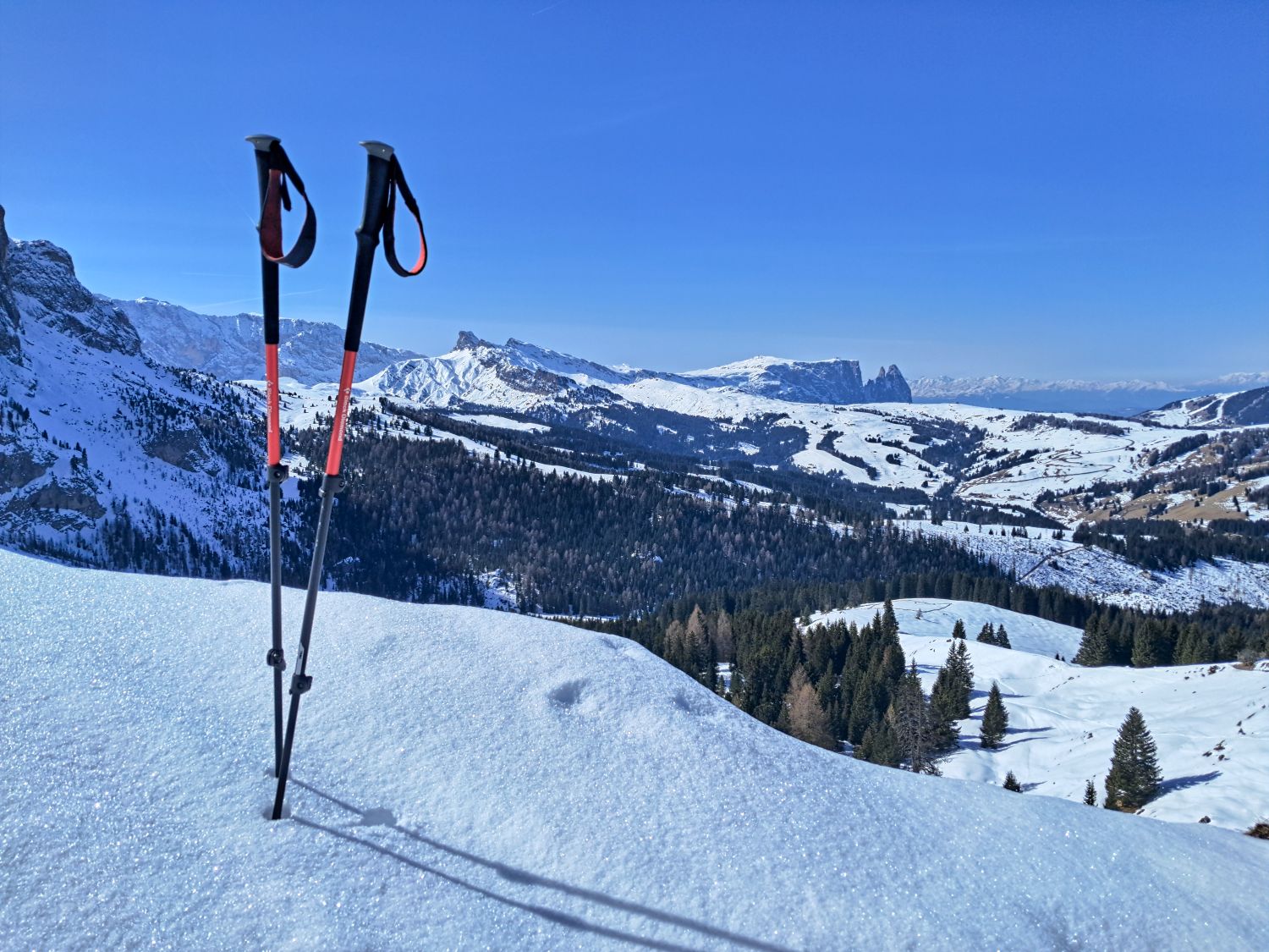 Where to stay in the Dolomites for skiing 14 Two trekking poles stand planted in fresh snow on a ridge overlooking a wide alpine valley filled with evergreen trees and rolling slopes. Jagged mountain peaks rise in the distance beneath a clear blue sky, with the poles casting long shadows across the sparkling snow.