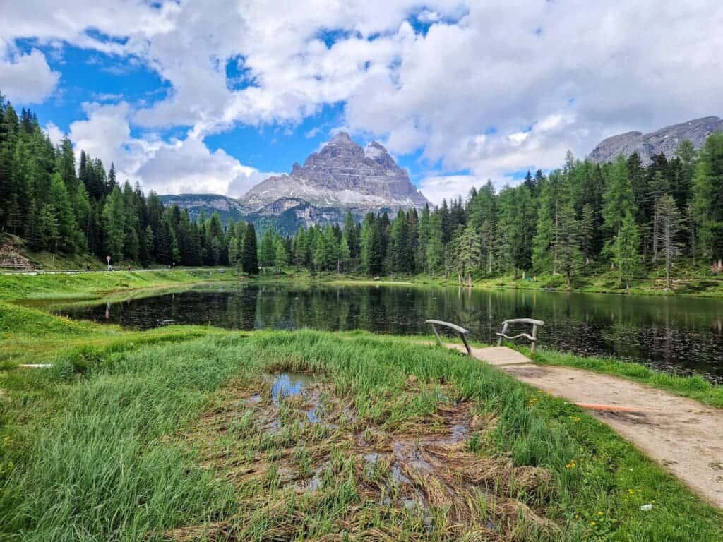 A serene mountain landscape featuring a still lake reflecting the sky and trees, surrounded by lush green grass and pine forests. A narrow path leads to a simple wooden platform by the water's edge. Snowy peaks rise majestically in the distance.