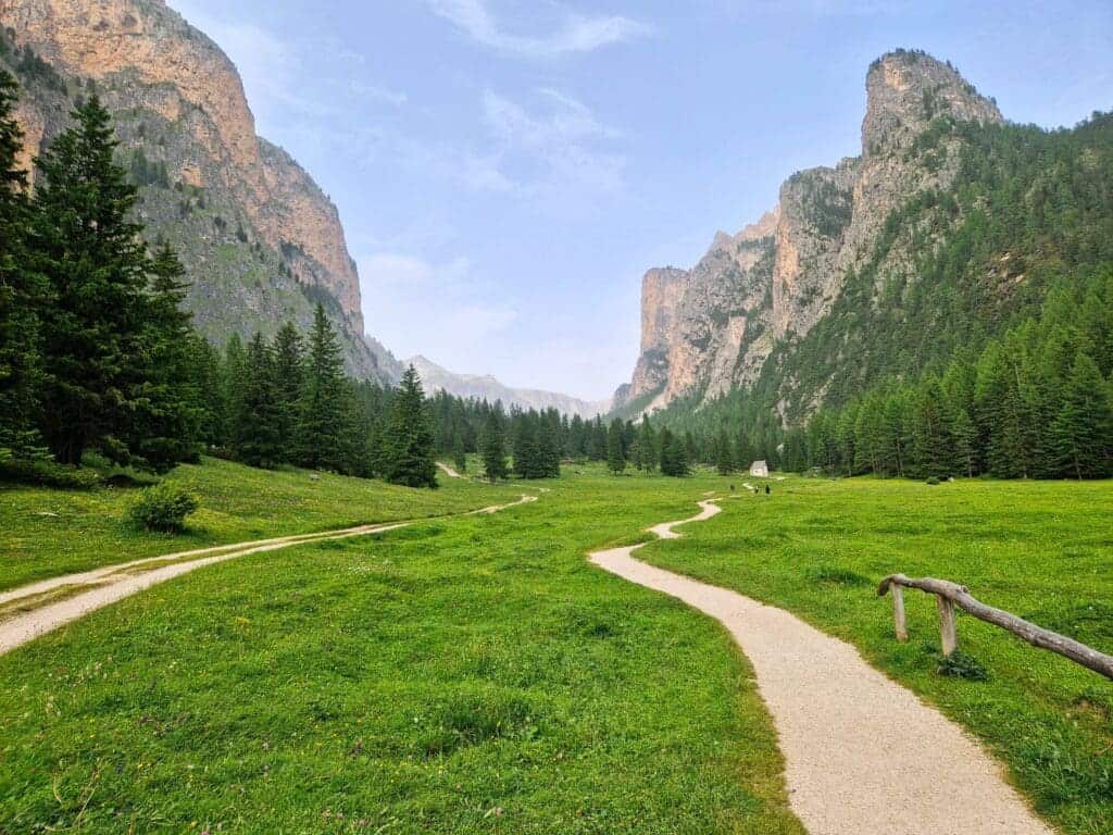 A winding path cuts through a lush green meadow, surrounded by tall trees and rugged mountains under a clear blue sky. The scene is tranquil, inviting exploration of the natural landscape.