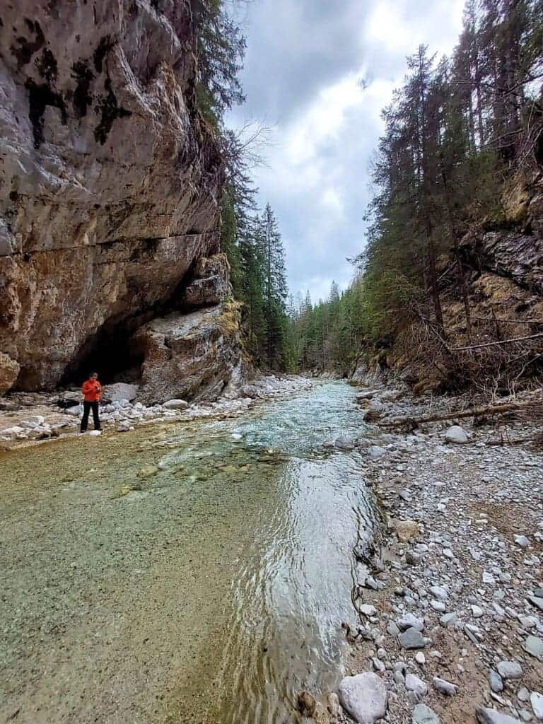Dolomites In April: Perfect 2-Day Itinerary + What To Expect 46 A person in a red jacket stands near a clear, shallow stream running through a rocky gorge. Tall trees line both sides of the gorge, and a cloudy sky looms overhead. The scene is peaceful and natural.