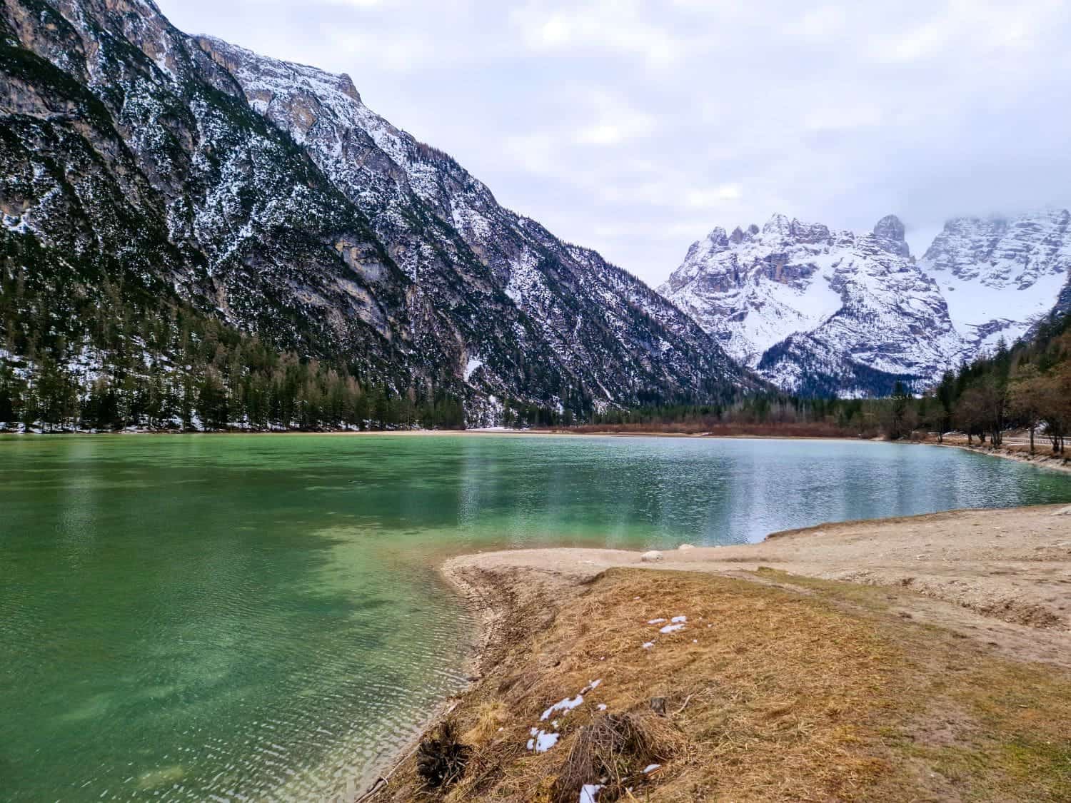 Easy Dolomites Hiking Itinerary: 5 days in Cortina d’Ampezzo 5 A serene mountain lake with green waters is surrounded by snow-dusted mountains. A grassy, sandy shore curves along the lake's edge, and tall trees line the opposite bank under a cloudy sky.