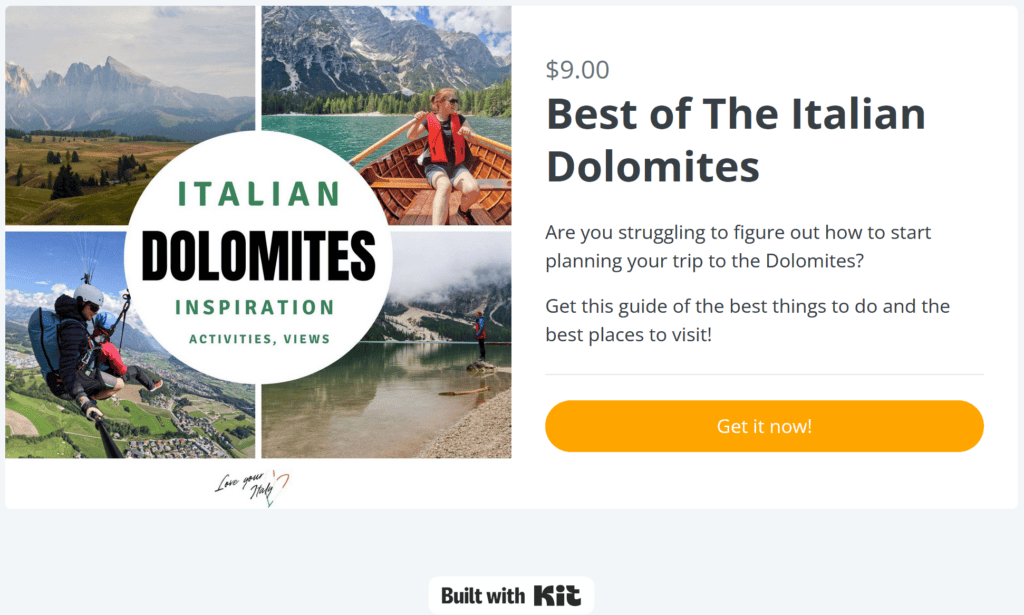 A promotional image for a guidebook titled "Best of The Italian Dolomites." It features scenic photos of mountains, a lake, and activities like paragliding and boating. A button reads "Get it now!" Price listed as $9.00.