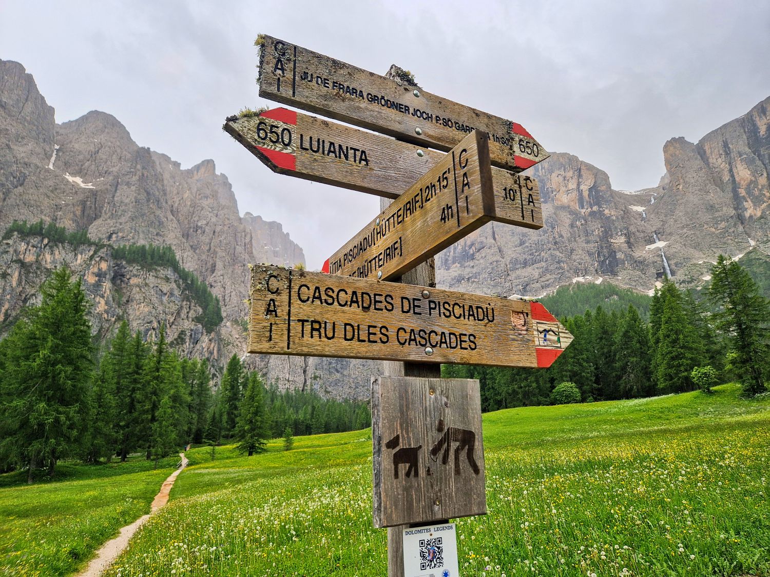 Hiking To The Cascate Del Pisciadù In The Dolomites: Plus a Surprise Waterfall! 8 Wooden signposts with trail directions stand in a green meadow with wildflowers, in front of tall pine trees and rocky mountains under a cloudy sky. A narrow path leads toward the mountains.