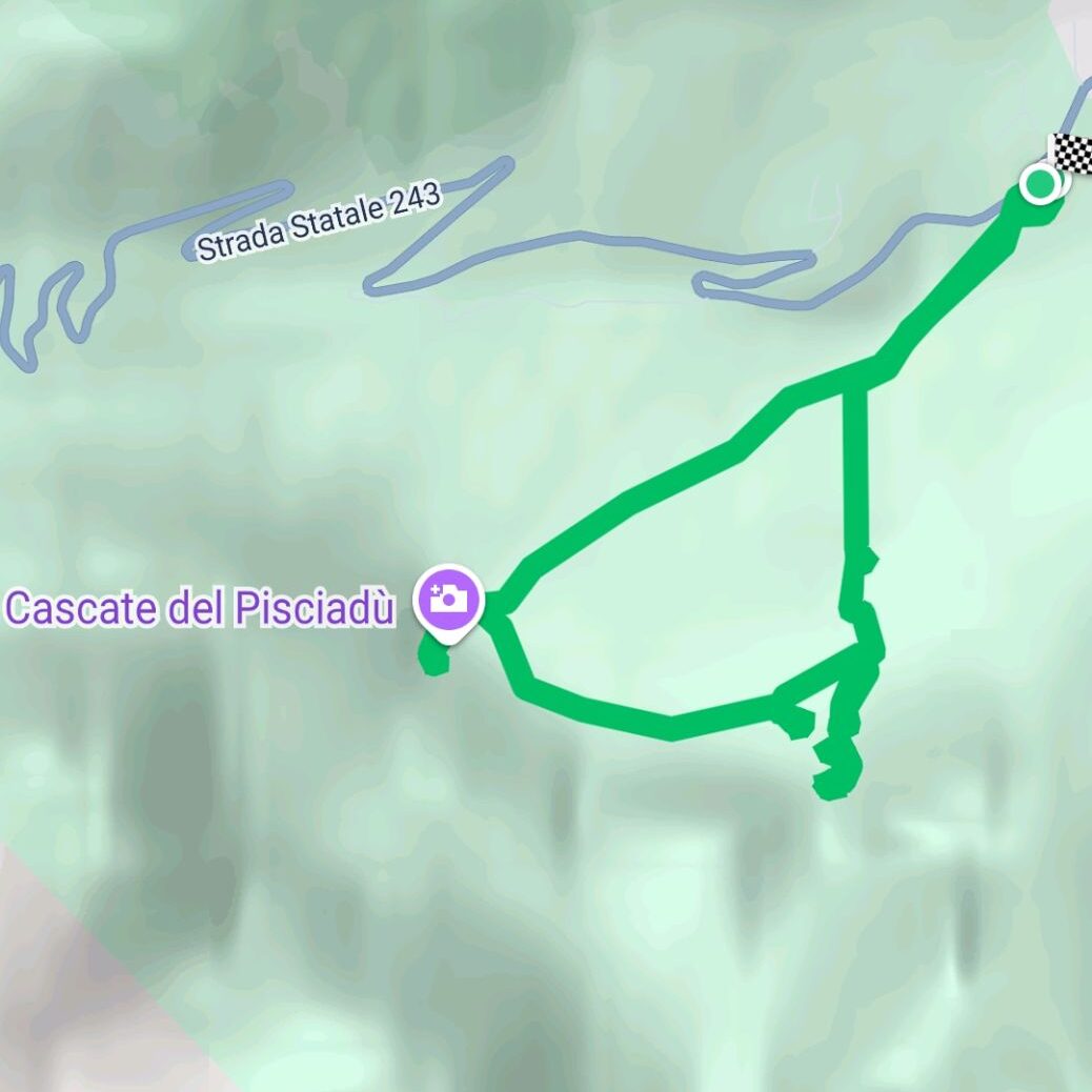 Hiking To The Cascate Del Pisciadù In The Dolomites: Plus a Surprise Waterfall! 5 A map showing hiking trails near Cascate del Pisciadù in Italy. The green paths form loops near the waterfall, with a checkered finish point and Strada Statale 243 road visible at the top. Google watermark in the corner.