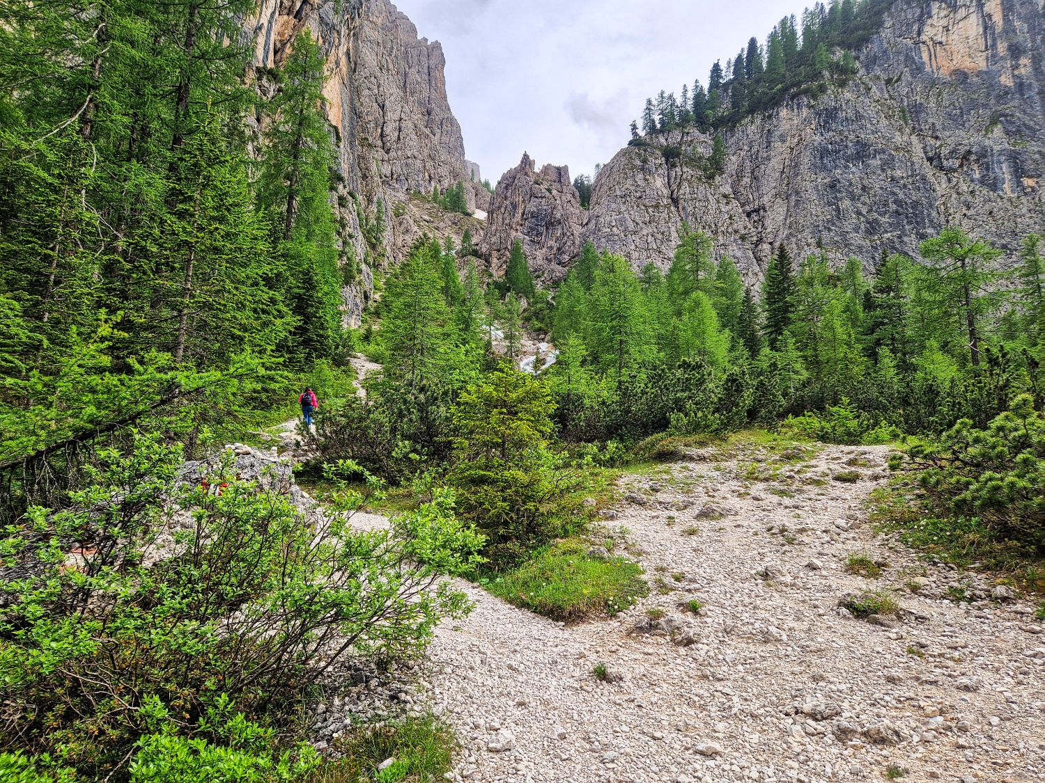 Hiking To The Cascate Del Pisciadù In The Dolomites: Plus a Surprise Waterfall! 32 A hiker in a red jacket walks along a rocky trail surrounded by green trees and bushes, with steep, rocky mountains rising in the background under a cloudy sky.