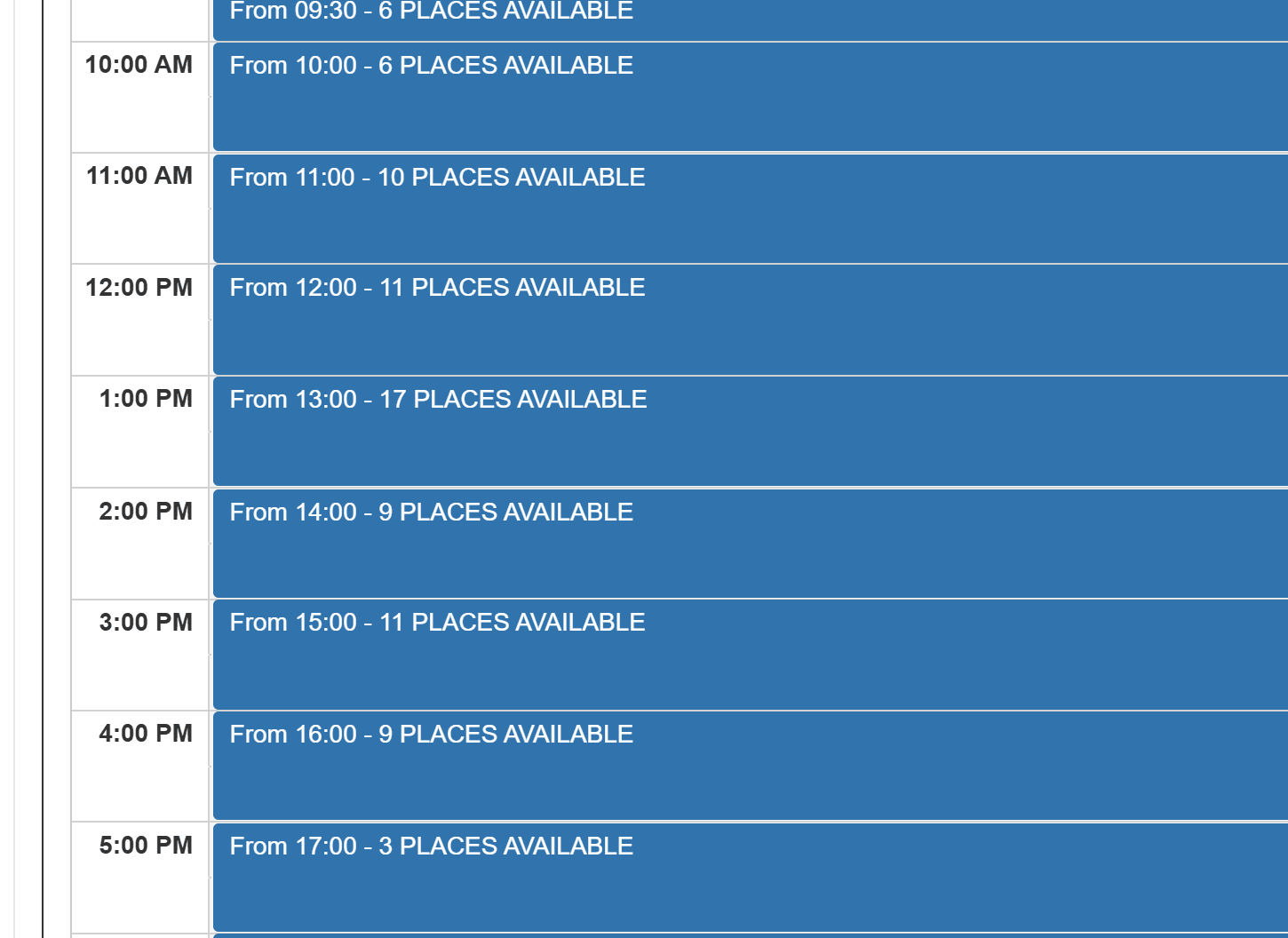 All About the Rifugio Auronzo Toll Road: Gateway to Tre Cime 5 A schedule showing hourly time slots from 10:00 AM to 5:00 PM, each with different numbers of available places, ranging from 3 to 17 for each time slot.