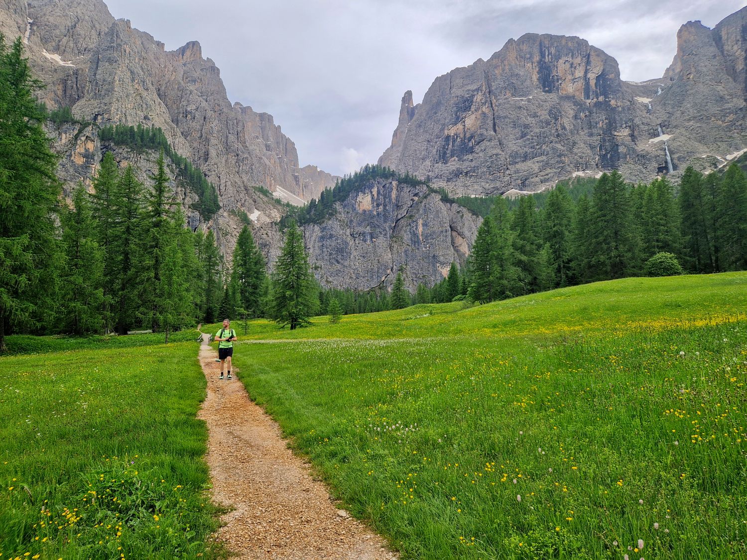 Hiking To The Cascate Del Pisciadù In The Dolomites: Plus a Surprise Waterfall! 39 Two people walk on a dirt path through a green meadow with wildflowers, surrounded by tall pine trees and dramatic rocky mountains under a cloudy sky.