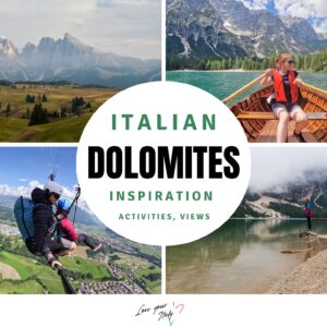 A collage promoting the Italian Dolomites features mountains, a person canoeing, paragliding over green fields, and someone standing in a lake, with text: "Italian Dolomites Inspiration: Activities, Views.