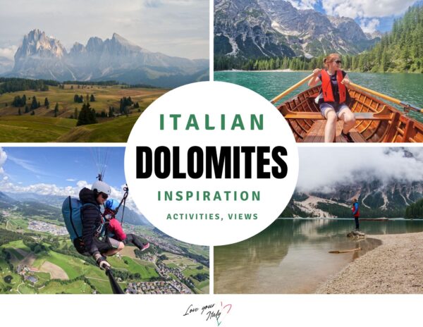 A collage promoting the Italian Dolomites features mountains, a person canoeing, paragliding over green fields, and someone standing in a lake, with text: "Italian Dolomites Inspiration: Activities, Views.