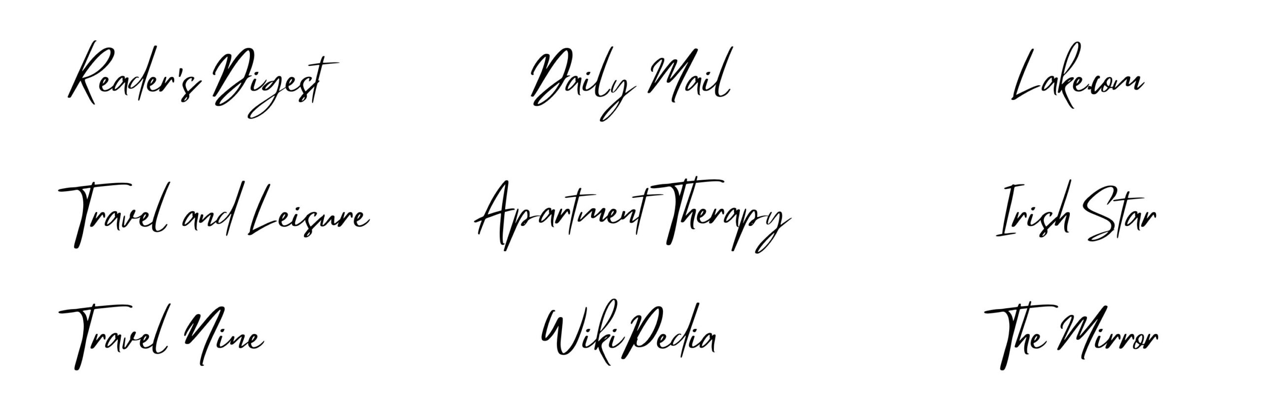 Nine publication names written in black cursive font on a white background: Reader’s Digest, Daily Mail, Lakeuma, Travel and Leisure, Apartment Therapy, Irish Star, Travel Mine, Wikipedia, and The Mirror.