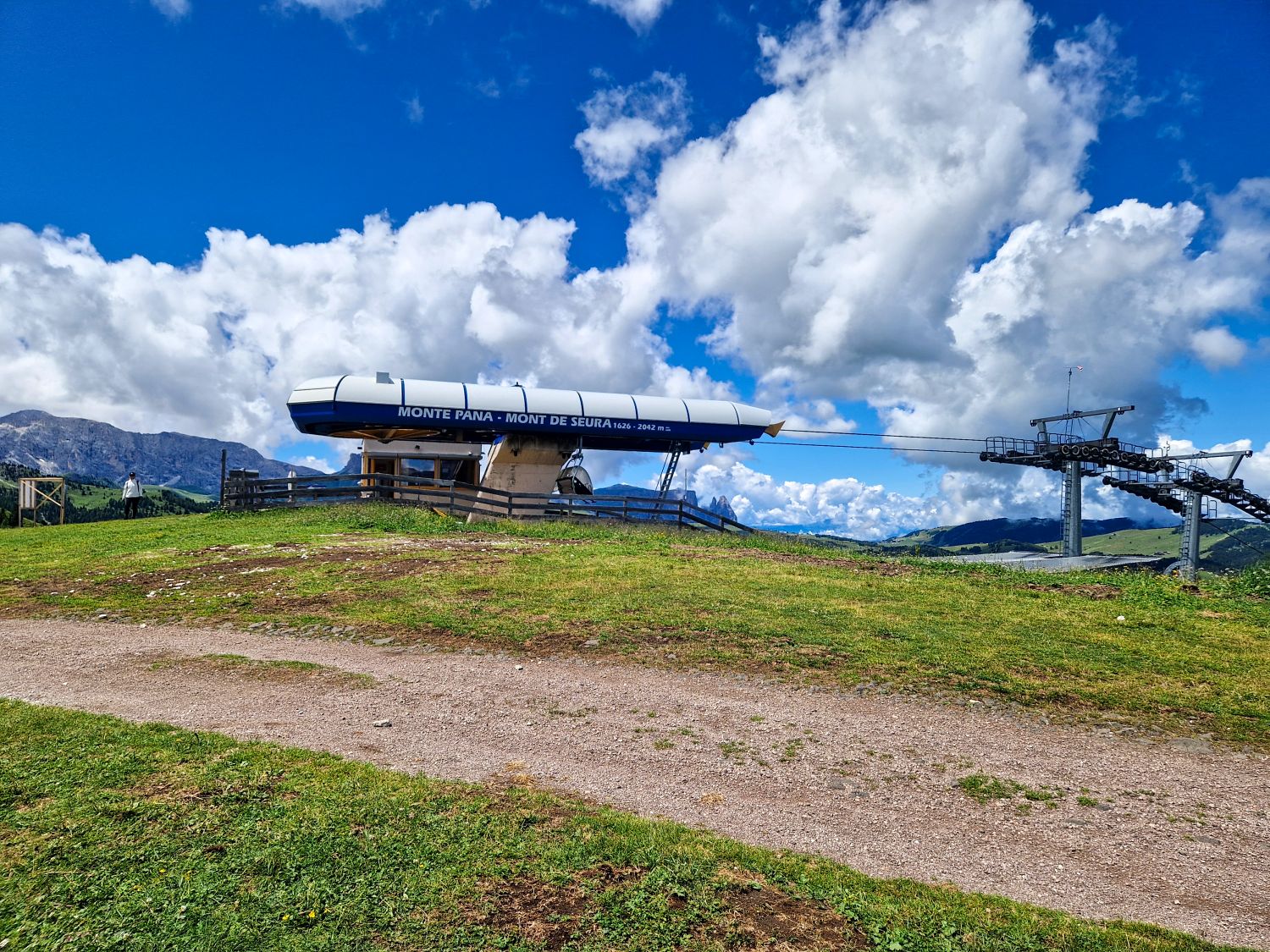A ski lift station labeled "Monte Pana - Mont de Seura 2063 m" stands on a grassy hillside under a partly cloudy blue sky, with mountains visible in the background.