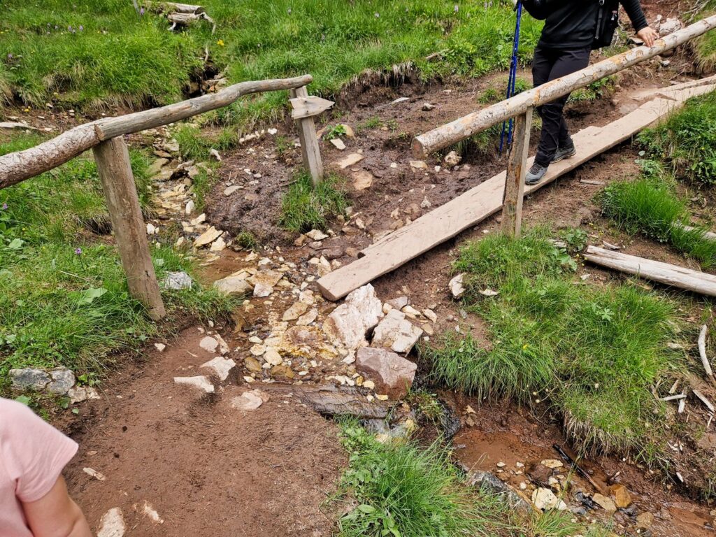 Cinema delle Odle and Adolf Munkel Trail: An Epic Hike 16 A narrow wooden footbridge with handrails crosses a small rocky stream in a grassy area. One person is crossing the bridge, and part of another person is visible in the foreground.