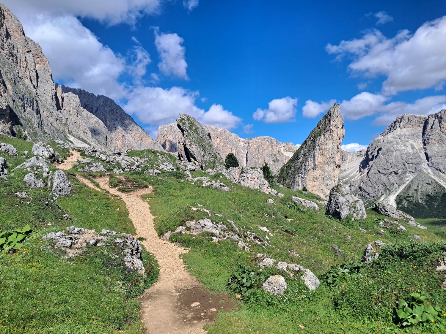 A narrow trail winds through green alpine terrain toward the distinctive Pieralongia rock formations in the Dolomites. Jagged limestone towers and scattered boulders rise around the path beneath a bright blue sky with white clouds.
