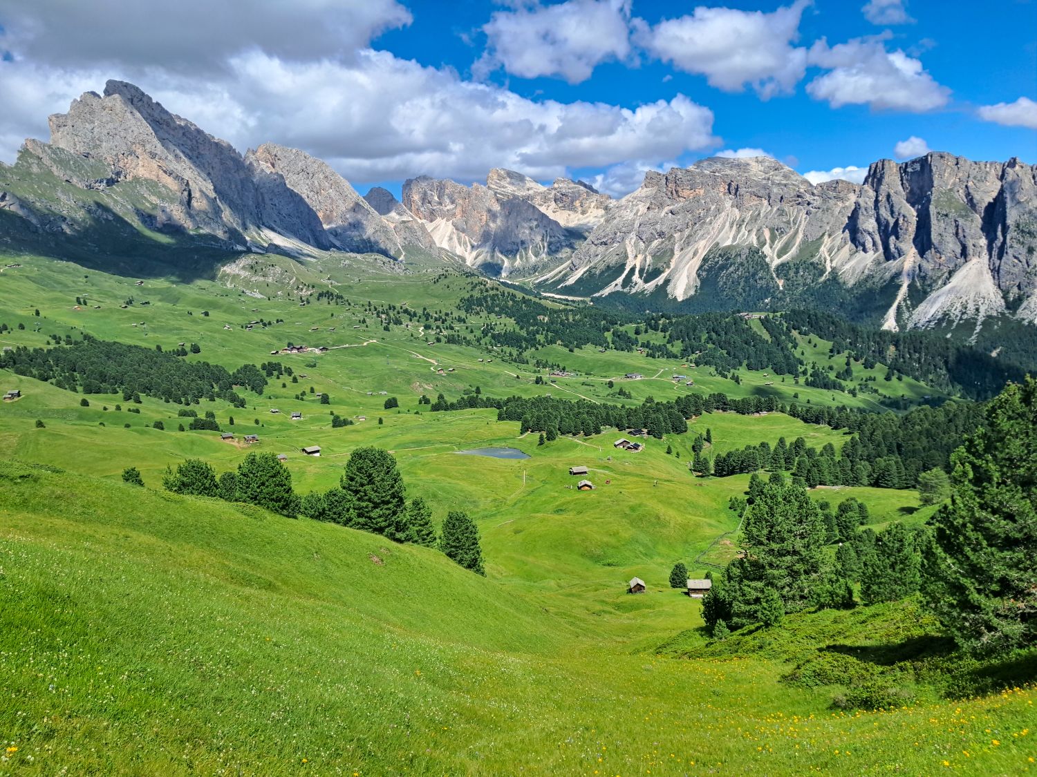 Wide alpine panorama from the Monte Pic hike in Val Gardena with bright green meadows dotted with small huts and a mountain pond. Jagged Dolomite peaks rise across the valley beneath a vivid blue sky and scattered clouds.
